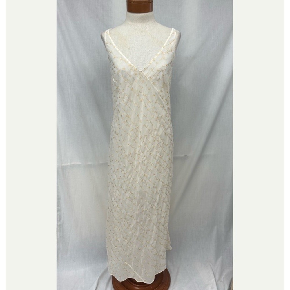 Victoria's Secret Long Nightgown Large Ivory Gold Floral Embroidered Vintage